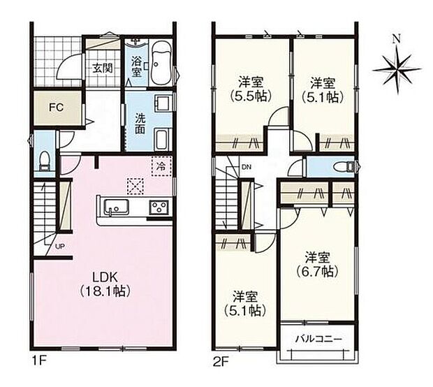 【4LDK】対面式キッチン仕様の約１８．１帖リビング♪
居室４部屋あり、お子様ひとりひとりにお部屋を与えられます♪
FCがあり、各所・各居室にも収納スペース充実♪
日当たり良好良好な南側バルコニー♪