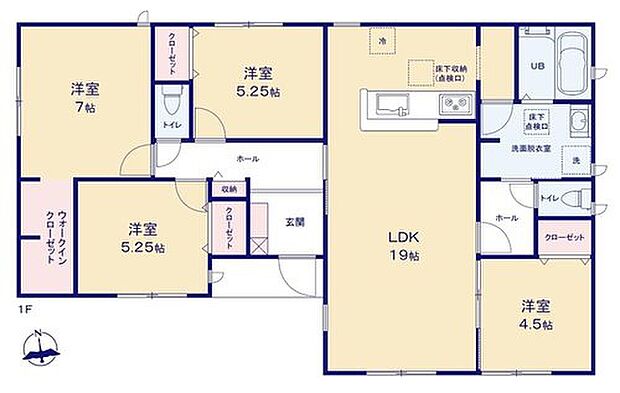 【4LDK】動線がコンパクトにまとまる人気の平屋♪
対面キッチンの広々ゆとりある約１９帖リビング♪
大きな荷物も収納可能なWIC付き♪
リビングに隣接した洋室はお子様のお昼寝場所にも◎♪