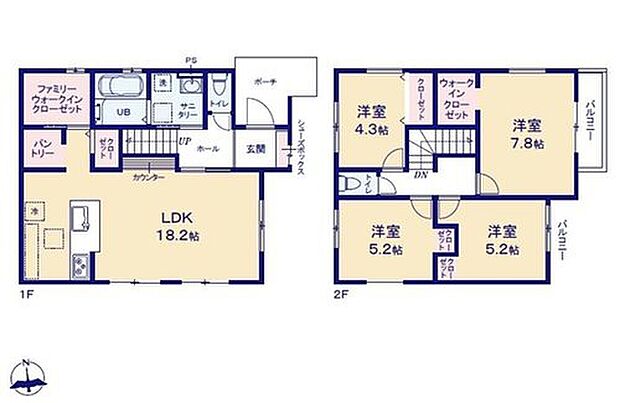 【4LDK】対面式キッチン仕様の約18.2帖リビング♪
居室4部屋あり、使用用途多数♪
WICやFCL、パントリーがあり、収納スペース充実♪
陽当り良好な東側バルコニーが2面ございます♪
