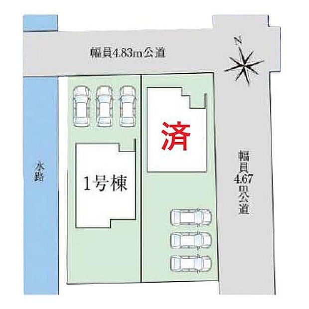 【全体区画図】１号棟　２，８９９万円
２号棟　ご成約済