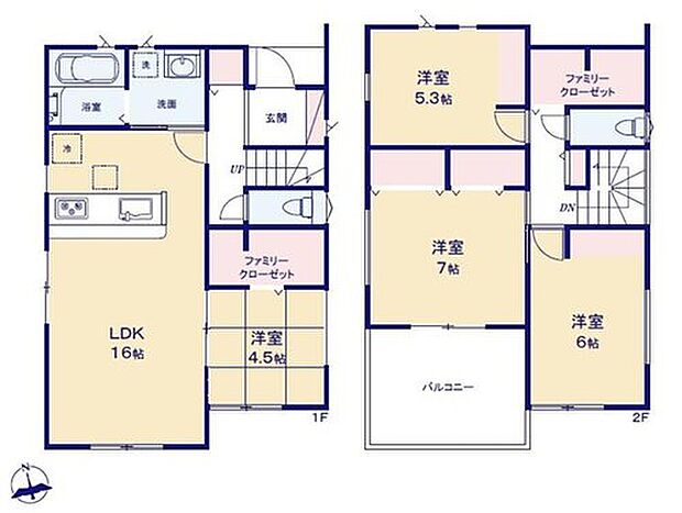 【5LDK】対面式キッチン仕様の約１６帖リビング♪
リビングに隣接した来客間にもなる約４．５帖の洋室♪
FCLがあり、各所・各居室にも収納スペース充実♪
南側ワイドバルコニーは日当たり良好♪