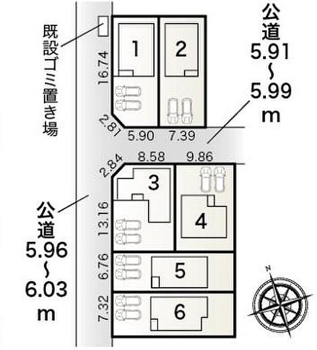 【全体区画図】１号棟　３，７８０万円
２号棟　３，６８０万円
３号棟　３，７８０万円
４号棟　３，６８０万円
５号棟　３，４８０万円
６号棟　３，５８０万円