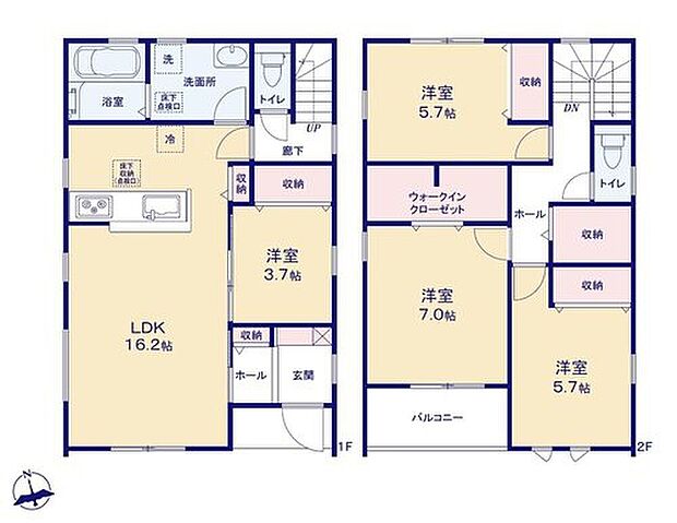 【4LDK】南向きの約１６．２帖リビング♪
LDKと約３．７帖の洋室を一体できる人気の間取り♪
主寝室は約７帖の広々プライベート空間☆
雨の日も安心のインナーバルコニー仕様♪