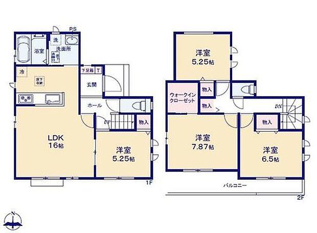 【4LDK】対面式キッチン仕様の約１６帖リビング♪
居室４部屋あり、使用用途多数♪
２階の居室約７．８７帖あり広々プライベート空間！WICもあり、収納完備♪
２部屋から出入りできる便利なバルコニー♪
