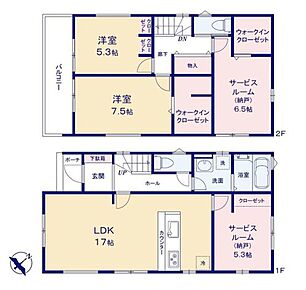 対面式キッチン仕様の約１７帖リビング♪
季節物などの収納に便利な約６．５帖の納戸付き♪
各所・各居室にも収納スペース充実♪
２部屋からアクセスできるバルコニー！ 