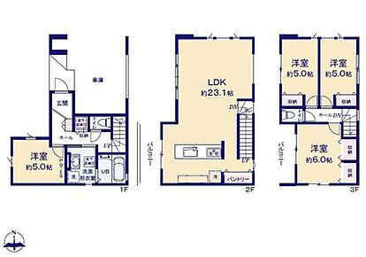 対面式キッチン仕様で約２３．１帖の広々リビング♪
居室４部屋あり、使用用途多数♪
パントリーがあり、各所に収納スペース充実♪
２階と３階の西側にそれぞれある２面バルコニー仕様♪ 