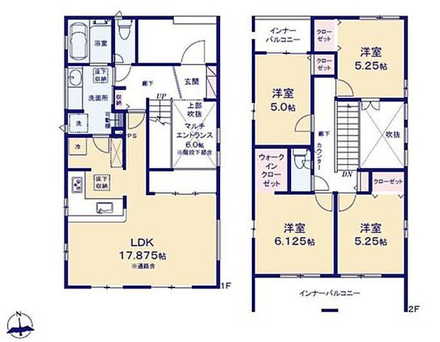 【4LDK】オシャレな折上天井仕様の南向き約１７．８７５帖リビング♪
使用用途多数な約６帖のマルチエントランス♪
WICがあり、各所・各居室に収納スペース充実♪
北側と南側の２面インナーバルコニー♪