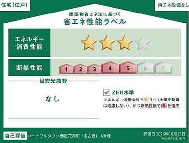 【省エネ性能ラベル】こちらの物件はZEH水準を満たした、省エネ性能に優れた物件です。
光熱費を抑えて暮らすことができるだけでなく、「熱の入りにくさ・逃げにくさ」という
観点でも影響を受けにくい建物のため、長く快適にお過ごしいただけます♪
※本ラベルは特定の住戸の性能を示すものであり、全ての住戸の性能を示すものではありません。