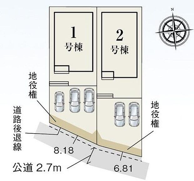 【全体区画図】駐車２～３台可能☆
１号棟　３，３８０万円
２号棟　３，２８０万円