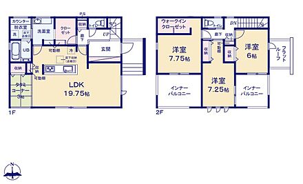 対面式キッチン仕様の約１９．７５帖リビング♪
リビングに隣接した約３帖の畳コーナー♪
WICがあり、各所・各居室に収納スペース豊富♪
南側バルコニーは広々２面ございます♪ 