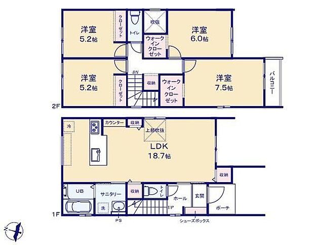 【5LDK】対面式キッチン仕様の約１８．７帖リビング♪居室４部屋あり、使用用途多数♪WICがあり、各所・各居室に収納スペース充実♪日当たり良好な南側バルコニー♪