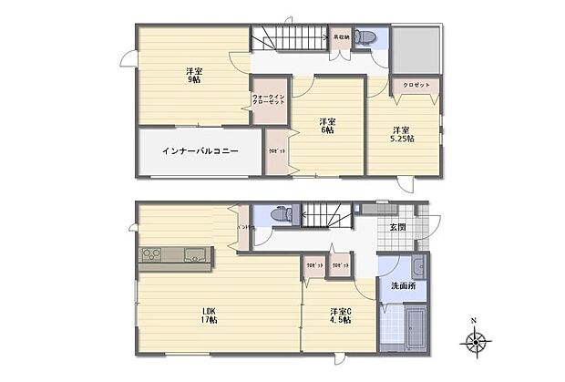 【4LDK】対面式キッチン仕様の南向き約17帖リビング♪LDKと洋室を一体できる人気の間取り♪WICがあり、各所・各居室にも収納スペース完備♪日当たり良好な南側インナーバルコニー♪