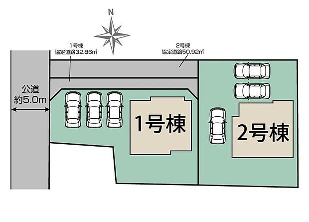 【全体区画図】1号棟 3,880万円
2号棟 3,780万円
カースペースは車種により3台分をご用意♪