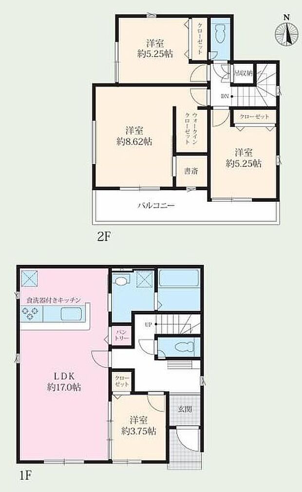 【4LDK+S】対面式キッチン仕様の南向き約17帖リビング♪LDKと洋室を一体できる人気の間取り♪WICや書斎があり、各所・各居室にも収納スペース完備♪日当たり良好な南側インナーバルコニー♪