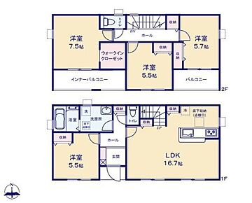 対面式キッチン仕様の約１６．７帖リビング♪
居室４部屋あり、使用用途多数♪
WICがあり、各所・各居室にも収納スペース充実♪
２面ある陽当り良好な南側バルコニー♪ 