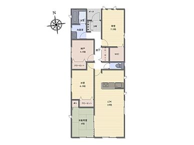 家事動線がコンパクトでスムーズな平屋プラン♪広々18帖のLDKに隣接した和室は客間や子どもの遊び場に最適♪収納付きの納戸は窓もあり採光良好☆居室としてもお使いいただけます◎ 