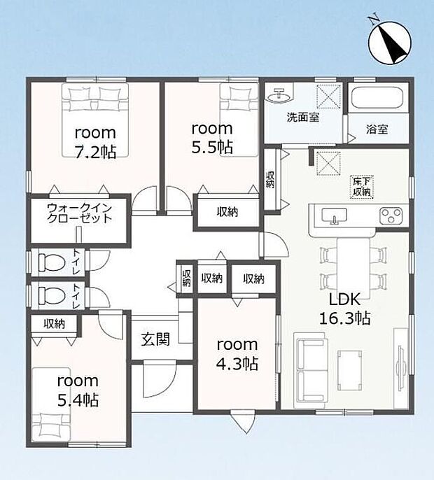 【4LDK】約68坪の暮らしやすさを追求した平屋建て☆トイレを並べて2つ設置しているので、朝の忙しい時間や、体調が悪いご家族がいても安心です♪