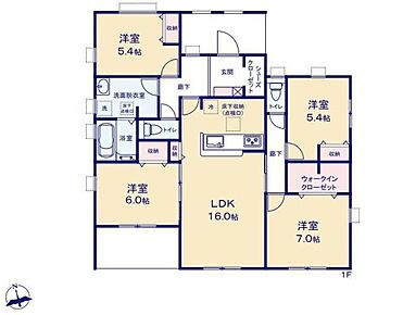 暮らしやすい動線が魅力的な平屋建て♪
対面式キッチン仕様の約１６帖リビング♪
LDKと洋室を一体できる人気の間取り♪
WICやSIC、パントリーがあり、各所・各居室にも収納スペース充実♪ 