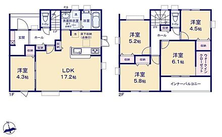 対面式キッチン仕様の約１７．２帖リビング♪
LDKと洋室を一体できる人気の間取り♪
WICやパントリーがあり、各所・各居室にも収納スペース充実♪
陽当り良好な南側バルコニー♪ 