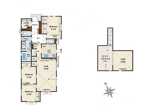 ２LDKの間取りです。リビング横はオプションの間仕切り対応で部屋を二つに割ることができます。