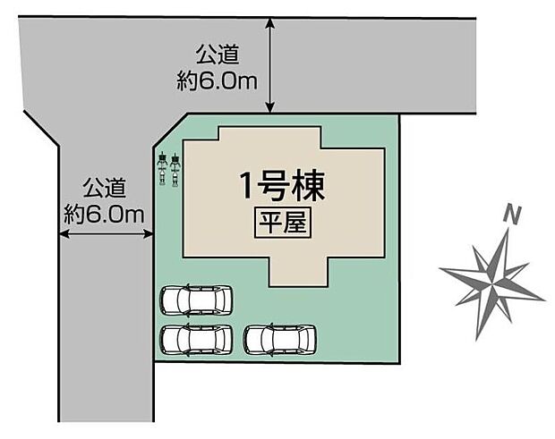 角地で開放的な区画♪南向き陽当たり、風通良好◎駐車スペースは最大3台可能で来客時も安心のゆとりある配置です☆（車種による）前面道路も６m以上で車の出し入れもラクラク♪