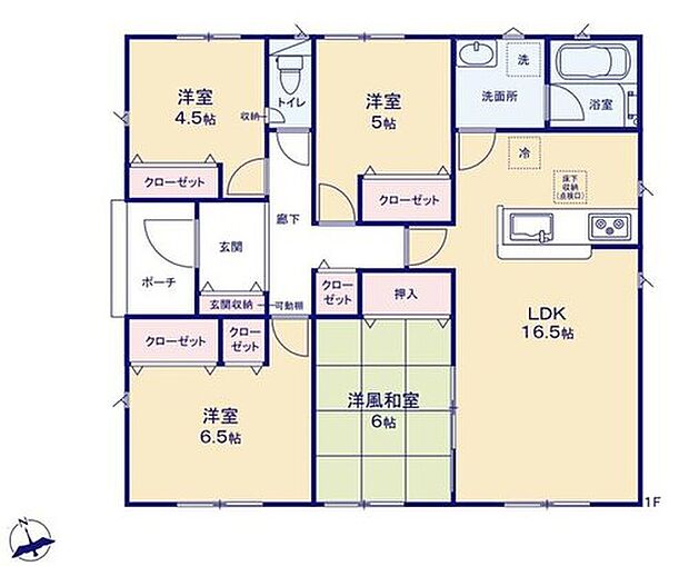 【4LDK】人気の平屋の間取りです☆
リビングと和室の間の引き戸を開ければ20帖超えの大空間が広がります♪
効率的でストレスのない家事動線。水回りが集中しており、移動がスムーズです！