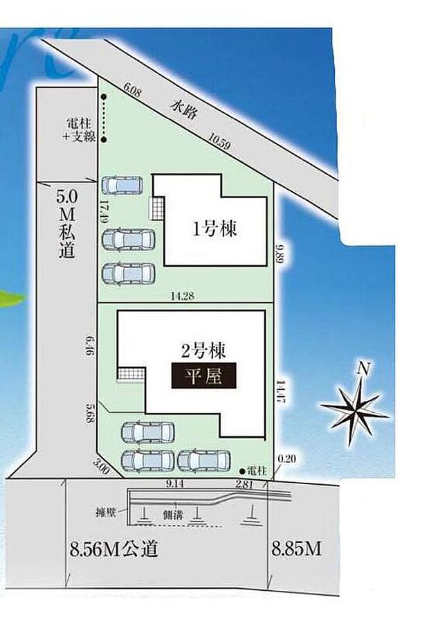 【全体区画図】敷地面積６０坪超♪
駐車３台可！
お客様がいらしても安心ですね♪