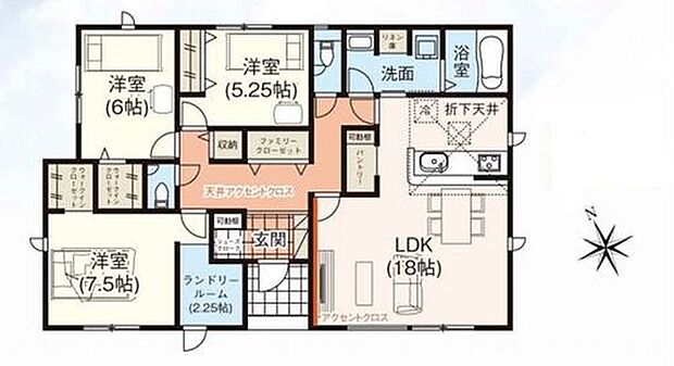 【3LDK】人気の平屋☆洋室のみの間取りです☆LDK１８帖♪
家事の効率化や天候に左右されず洗濯・乾燥ができるランドリールーム２．２５帖☆
ウォークインクローゼット２つなど収納豊富♪