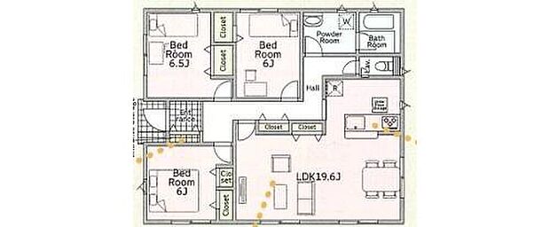 【3LDK】人気の平屋の間取りです☆全居室洋室☆
南に大きな開口部を設けたＬＤＫ♪
ご家族が集う空間と、個の時間を大切にする居室をしっかり分け合える居室プラン！