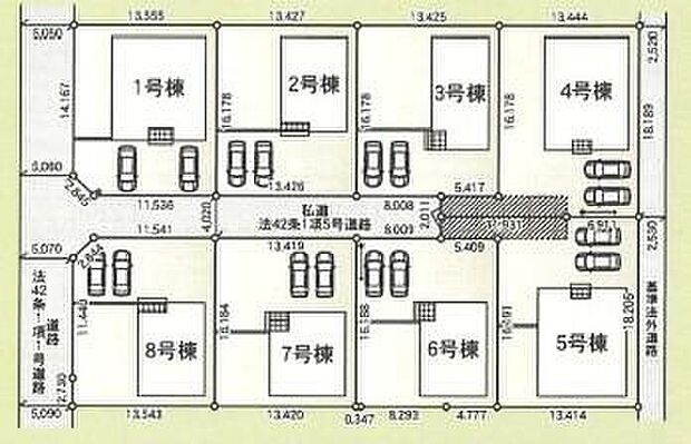【全体区画図】全8棟分譲地☆
駐車２台可♪
南庭でガーデニングするのもいいですね♪