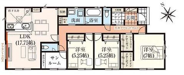 【3LDK】人気の平屋の間取りです☆
天候に左右されることなく洗濯物を干すことが出来るサンルームを配置！
通り抜けも出来るシューズクロークも完備♪
