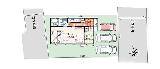 【全体区画図】敷地面積４１坪超♪
並列駐車３台！
間口も広く駐車も楽々♪