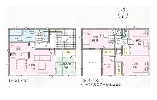【4LDK】2階居室は6帖から7帖とゆとりある間取り♪
2部屋から出入り可能のワイドバルコニーは
お布団も洗濯物もたっぷり干せます！
お子様の遊び場にぴったりの洋風和室付き◎