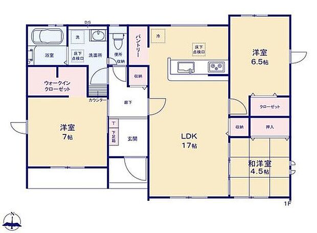 【3LDK】平屋☆リビングを中央に配置☆
リビングに続き間の4.5帖和室があります！
来客時にも重宝しますが、小さなお子様を寝かせるスペースにもなりますので、使い方はあなた次第です♪
