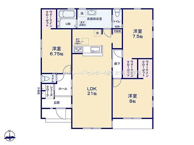 【3LDK】人気の平屋の間取りです☆
２１帖のＬＤＫを部屋の中央に配置♪
ウォークインクローゼットを３つ完備！
お部屋をスッキリお使いいただけます♪