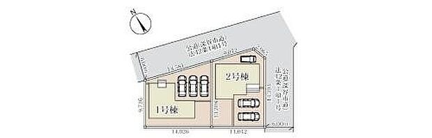 【全体区画図】敷地面積４９～５０坪超♪
駐車３台可！
お客様がいらしても安心ですね♪