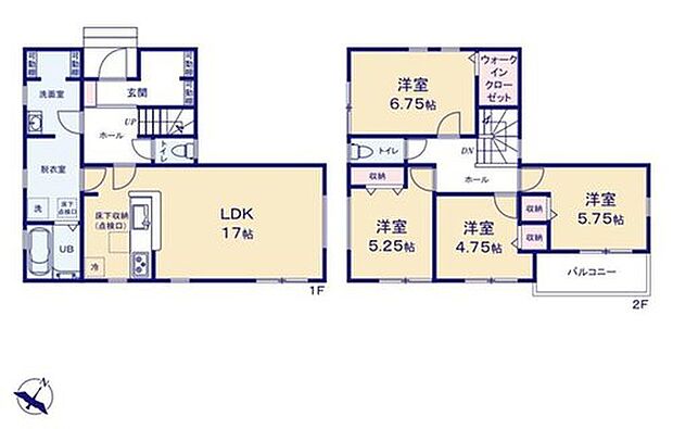 【4LDK】南に大きな開口部を設けた１７帖のＬＤＫ♪
インテリアの統一感を作りやすい洋室のみの間取り♪
効率的でストレスのない家事動線☆
水回りが集中しており、移動がスムーズです♪
