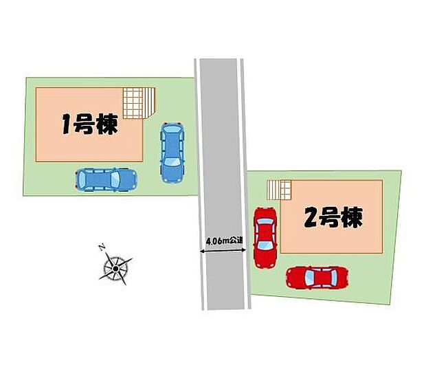 【全体区画図】お車2台分の駐車スペースをご用意いたしました！前面の道路は車の往来が少ない道となっておりますので、小さなお子様のいるご家庭も安心です♪