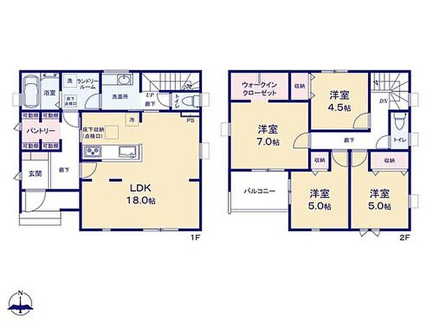 【4LDK】全居室洋室＆収納付きの4LDK☆
広々18帖のLDKは、対面キッチン＆折り上げ天井採用で開放感のある空間設計です！
主寝室にはウォークインクローゼット完備！
