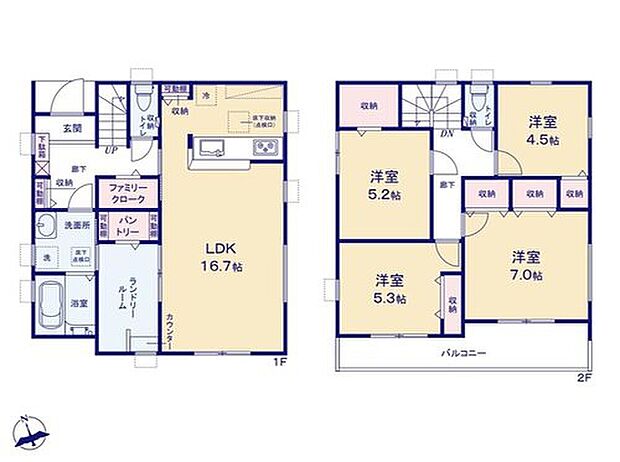【4LDK】◇全居室収納完備、ホールには大容量のファミリークローク付き♪
◇家事が快適になる工夫がたくさんのランドリールーム♪
◇広々バルコニーへは2部屋から出入り可能☆ガーデニングにも◎