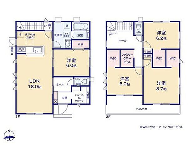 【4LDK】採光にも優れていて明るい18帖のリビング♪
広々バルコニーではたっぷりのお洗濯ものを干すことができるます！
玄関SIC・2階には全室WICやファミリークローゼットを設置し片付け上手な家づくりができます♪