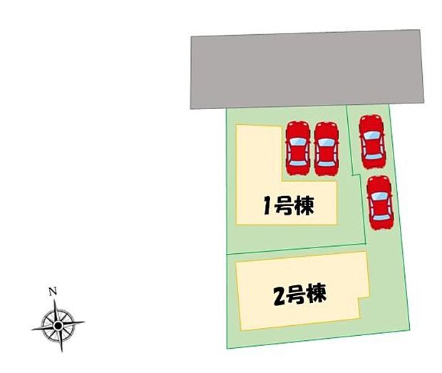 【全体区画図】車種により、カースペース２台分ございますので、家族分の自転車を駐輪したり、来客用の駐車スペースとしてもお使いいただけます♪