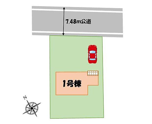 【全体区画図】敷地82坪超!公道約7.4mに接するゆとりある配置です☆カースペース付き♪家族分の自転車を駐輪したり、来客用の駐車スペースとしてもお使いいただけます♪