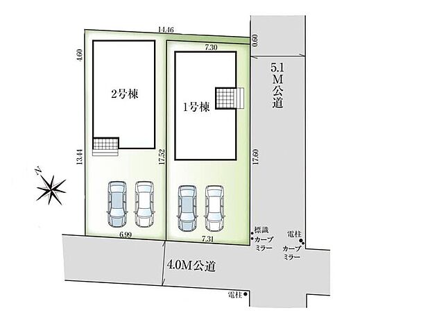 【全体区画図】カースペース2台並列駐車可能♪（車種による）
前面道路約4.0ｍでゆとりがありお車の出し入れもスムーズ！
南西向きで日当たり・風通しともに良好♪
