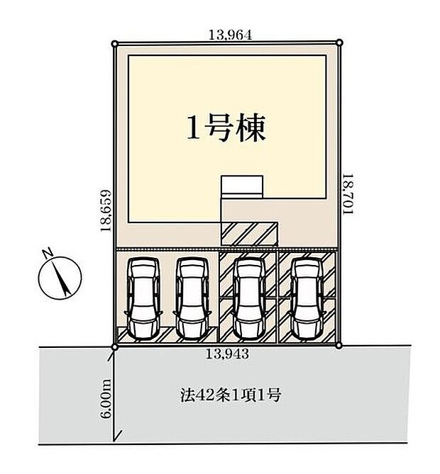 【区画図】幅約6ｍの南道路に面した陽当たり良好の平屋住宅☆
駐車スペースは並列4台分！車通勤の方にもお勧めです♪
急な来客時も安心です！