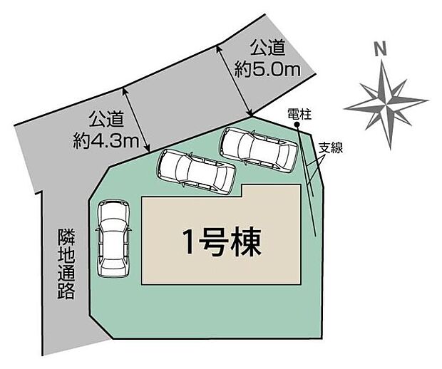 【全体区画図】陽当たり×風通良好◎
駐車スペースは最大3台可能で来客時も安心のゆとりある配置です♪（車種による）
小中学校が徒歩圏内にあるのでお子様も安心です♪