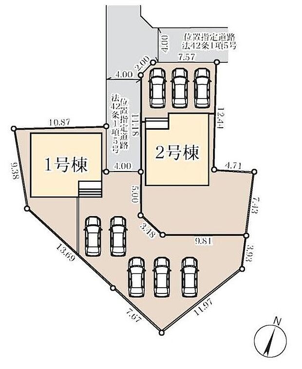 【全体区画図】1号棟【約88坪】、2号棟【約61坪】のゆったり敷地☆
東松山市立唐子小学校まで歩5分でお子様の登下校も安心♪
駐車スペース3台以上完備！