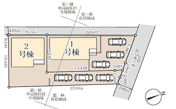 【全体区画図】1号棟【約58坪】、2号棟【約59坪】のゆったり敷地☆
礼羽小学校まで歩1分でお子様の登下校も安心♪
駐車スペースはは車種により3台分完備!