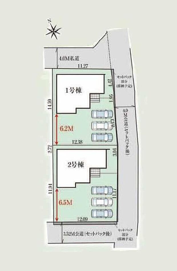 【全体区画図】☆全2棟☆敷地52坪以上☆開放的な角地☆
カースペースは、車種により並列3台分ございますので、家族分の自転車を駐輪したり、来客用の駐車スペースとしてもお使いいただけます。