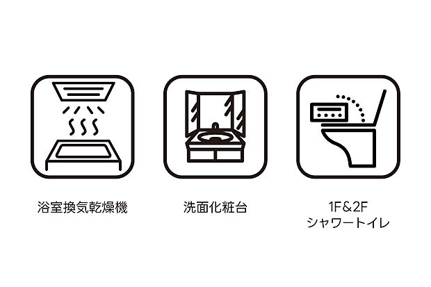 【毎日を快適に整える水まわりの充実設備】天候に左右されず洗濯物が乾かせる浴室換気乾燥機を備え、忙しい日も家事がスムーズに進みます。洗面化粧台は収納力があり、朝の支度やスキンケアも快適。1階・2階ともにシャワートイレを設置し、家族みんなが使いやすい清潔な環境を保てます。水まわりの設備を充実させることで、暮らしの質がぐっと向上し、毎日の快適さをしっかり支える仕様となっています。
